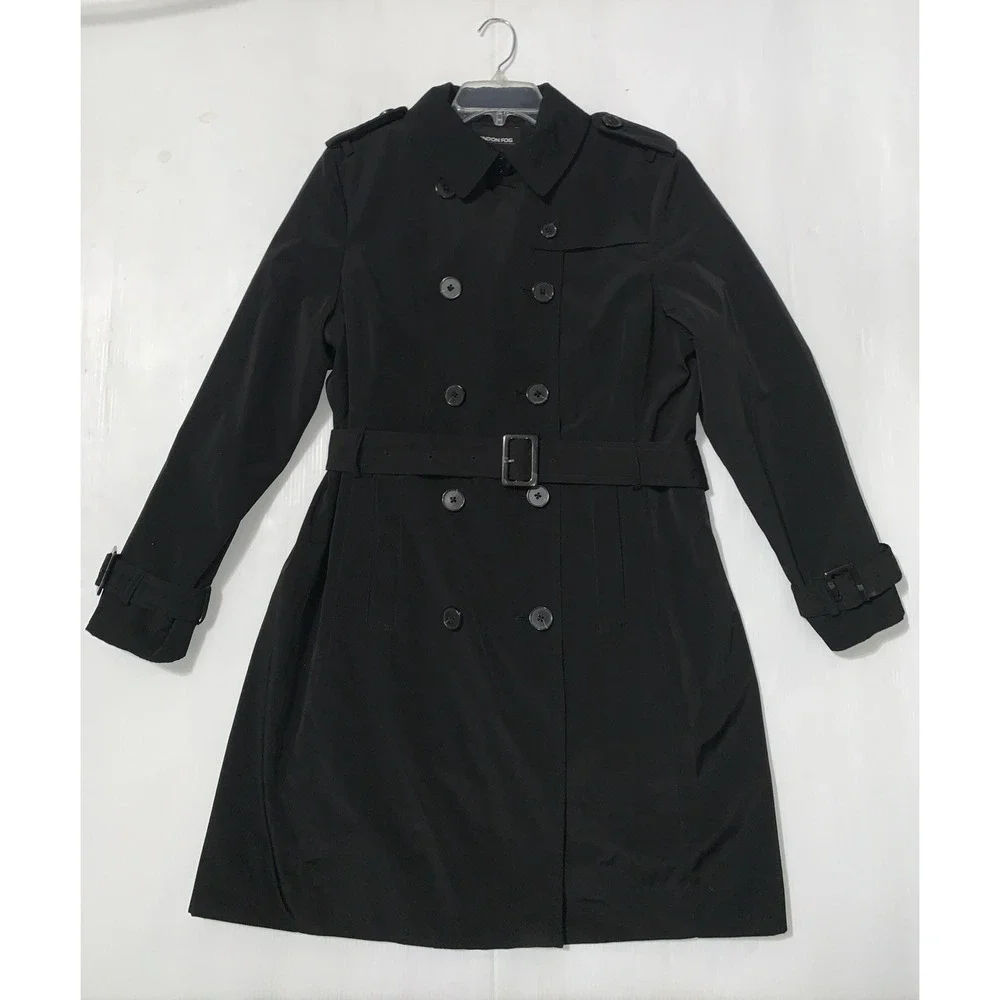 London Fog Women's Trench Coat Black Double Breasted Size Large Plaid Lining